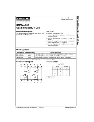 Fairchild DM74ALS02 Quad 2-Input NOR Gate Datasheet - cover page