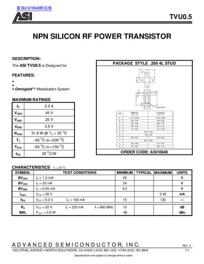 ASI TVU0.5 NPN Silicon RF Power Transistor Datasheet