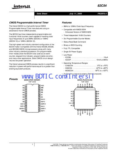 Intersil 82C54 Programmable Interval Timer Datasheet - cover page