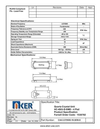 AKER - aker-usa.com 11-3 Chien-Kuo Rd T.E.P.Z. 4027 Taiwan ROC CA4-3.579545-18-3050-X Manual