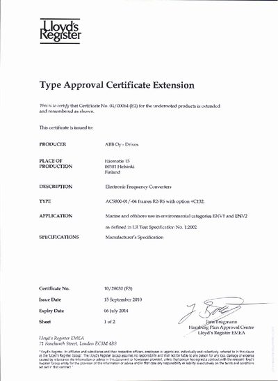 ABB Lloyds Register Type Approval Certificate No. 10/20030 (E3) Manual - cover page