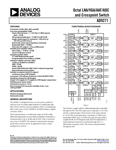AD9271 Rev. B Octal LNA/VGA/AAF/ADC and Crosspoint Switch Datasheet