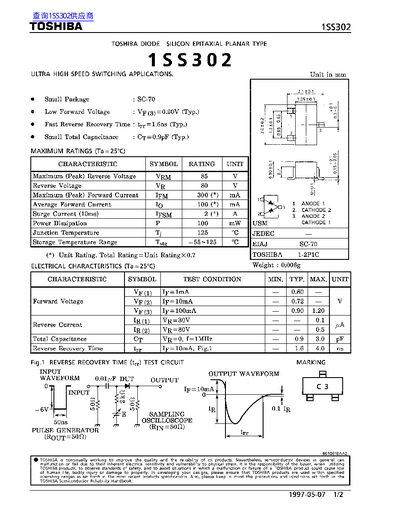 Toshiba 1SS302 Silicon Diode Datasheet - cover page