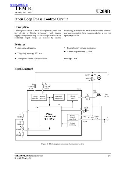 TELEFUNKEN U208B Phase Control Circuit Datasheet - cover page