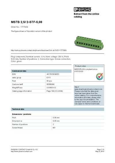 Phoenix Contact MSTB 2,5/ 2-STF-5,08 Product Data Sheet - cover page