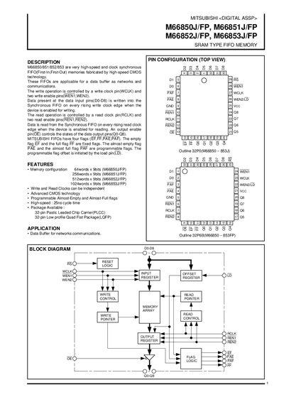 MITSUBISHI M66850J/FP M66851J/FP M66852J/FP M66853J/FP SRAM TYPE FIFO MEMORY - cover page