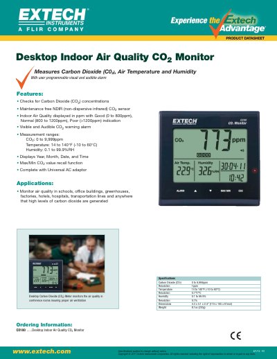 EXTECH CO100 Desktop Indoor Air Quality CO2 Monitor Product Datasheet - cover page