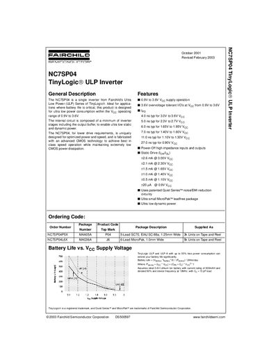 Fairchild NC7SP04 TinyLogic ULP Inverter Datasheet - cover page