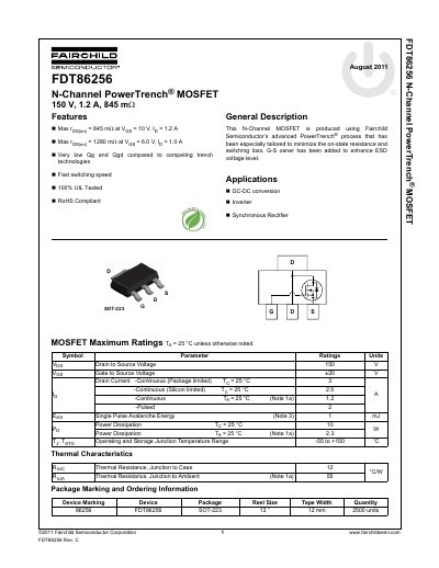 Fairchild Semiconductor FDT86256 N-Channel PowerTrench MOSFET Datasheet - cover page