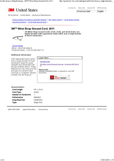 3M 4611 Wrist Strap Ground Cord Product Leaflet - cover page