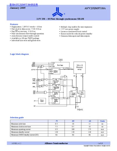 Alliance Semiconductor AS7C252MFT18A 2.5V 2M×18 Flow-through Synchronous SRAM Datasheet - cover page