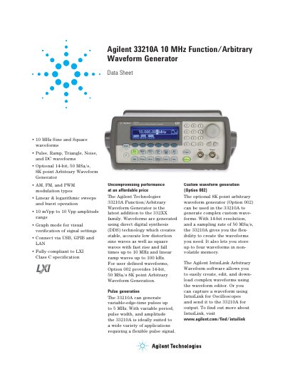 Agilent 33210A Function/Arbitrary Waveform Generator Data Sheet - cover page