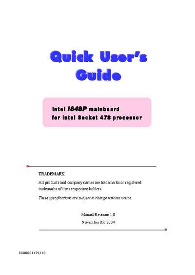 Intel i848P mainboard for Intel Socket 478 processor User's Guide - cover page