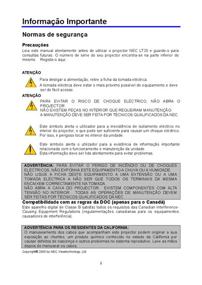 NEC LT20 Projector User Manual - cover page