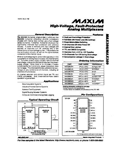 Maxim MAX388/MAX389 High‑Voltage Fault‑Protected Analog Multiplexer Datasheet - cover page