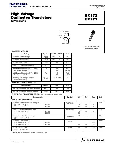 Motorola BC372/BC373 High Voltage Darlington Transistors Datasheet