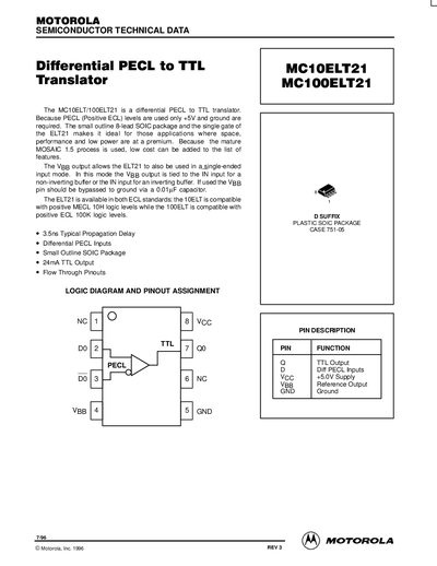 Motorola MC10ELT21/MC100ELT21 Differential PECL to TTL Translator Datasheet - cover page