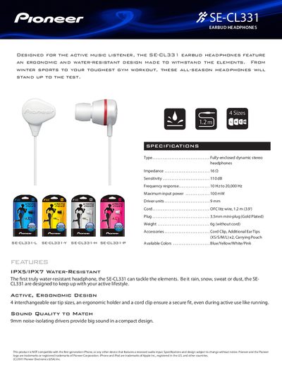 Pioneer SE-CL331 Earbud Headphones Product Leaflet - cover page