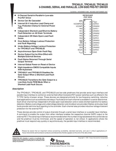 TEXAS INSTRUMENTS TPIC46L01 TPIC46L02 TPIC46L03 6-CHANNEL SERIAL AND PARALLEL LOW-SIDE PRE-FET DRIVERhandbook - cover page