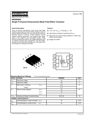 Fairchild NDS9400A Single P-Channel Enhancement Mode FET Datasheet - cover page