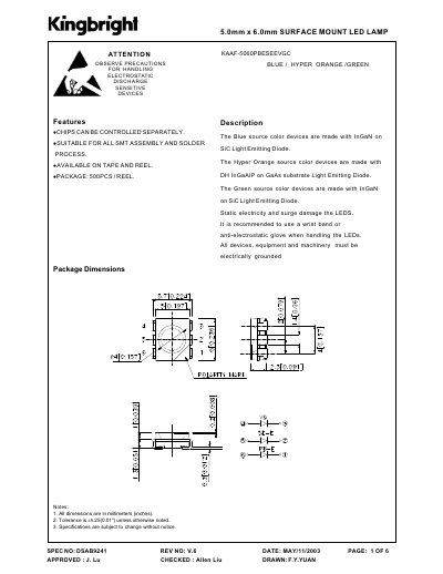 Kingbright KAAF-5060PBESEEVGC Surface Mount LED Lamp Manual - cover page
