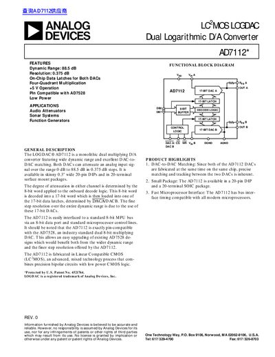 Analog Devices AD7112 Dual Logarithmic D/A Converter Datasheet