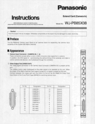 Panasonic WJ-PB85X08 Camera Input Board Installation Instructions - cover page