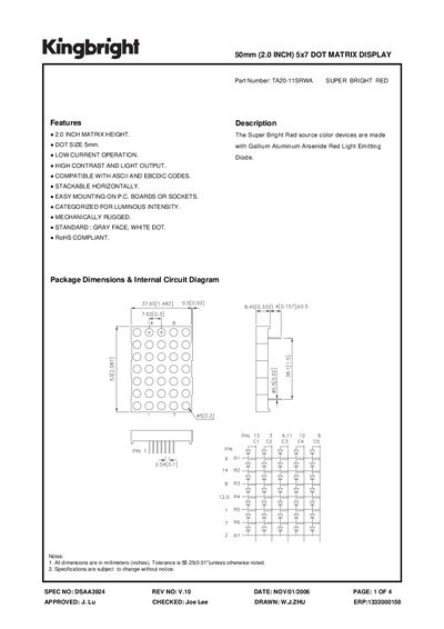 KINGBRIGHT 50mm (2.0 INCH) 5x7 DOT MATRIX DISPLAY Manual REV NO: V.10 DATE: NOV/01/2006 - cover page