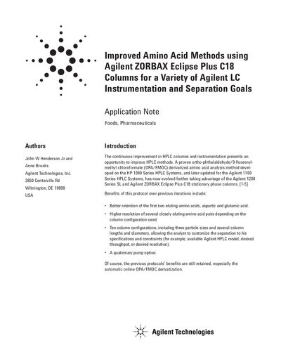 Agilent ZORBAX Eclipse Plus C18 Amino Acid Analysis Application Note - cover page