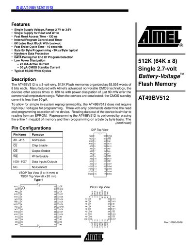 Atmel AT49BV512 512K Flash Memory Datasheet - cover page