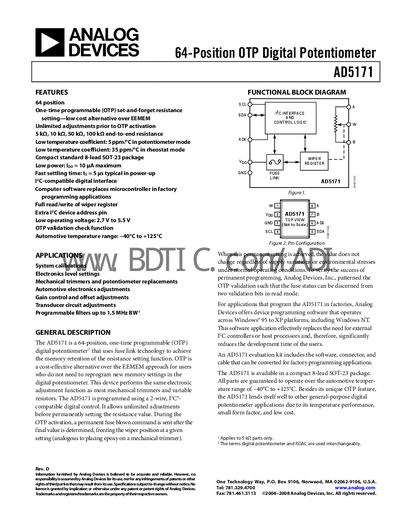 Analog Devices AD5171 Digital Potentiometer Datasheet - cover page