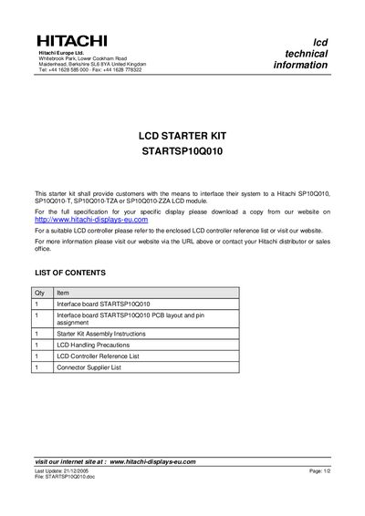 Hitachi STARTSP10Q010 LCD Starter Kit Datasheet - cover page