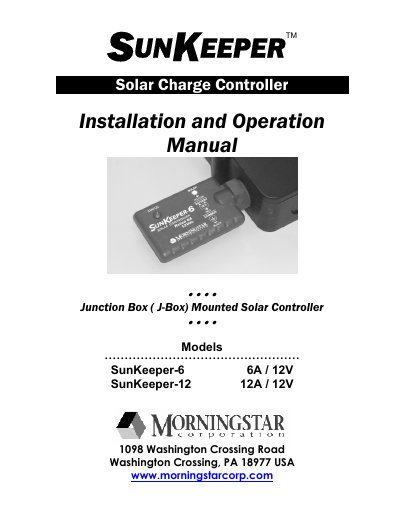 Morningstar SunKeeper-6/12 Solar Charge Controller Installation and Operation Manual - cover page