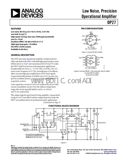 Analog Devices OP27 Operational Amplifier Datasheet - cover page