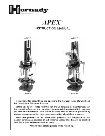 Hornady APEX Shotshell Press Instruction Manual - cover page