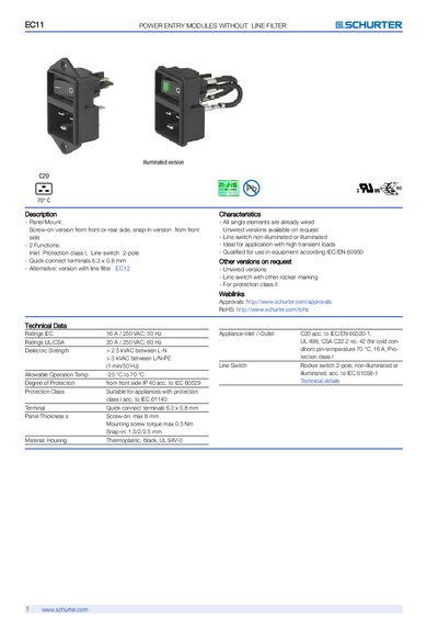 SCHURTER EC11 Power Entry Module Without Line Filter Product Data Sheet