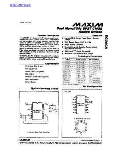 Maxim DG200A Dual Monolithic SPST CMOS Analog Switch Datasheet - cover page