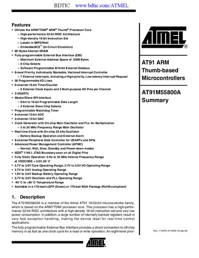 Atmel AT91M55800A Microcontroller Handbook - cover page