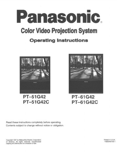 Panasonic PT-51G42C/PT-61G42C Color Video Projection System Operating Instructions - cover page