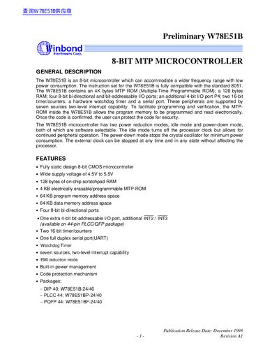 Winbond W78E51B 8-BIT MTP Microcontroller User Manual - cover page