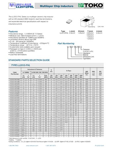 TOKO LL2012-FHL Series Multilayer Chip Inductor Datasheet - cover page