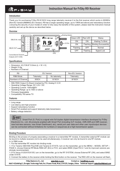 FrSky R9 8/16CH Long Range Telemetry Receiver Instruction Manual - cover page
