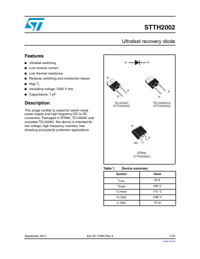 STMicroelectronics STTH2002 Ultrafast Recovery Diode Datasheet