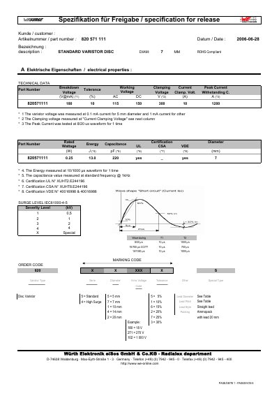 Wurth Elektronik 820571111 Varistor Specification for Release - cover page