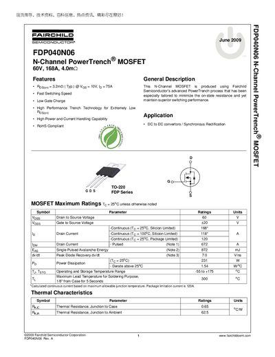 FAIRCHILD FDP040N06 N-Channel PowerTrench MOSFET handbook - cover page
