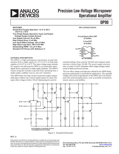 Analog Devices OP90 Operational Amplifier Datasheet - cover page