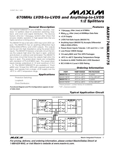 Maxim MAX9174/MAX9175 670MHz 1:2 Splitter Datasheet - cover page