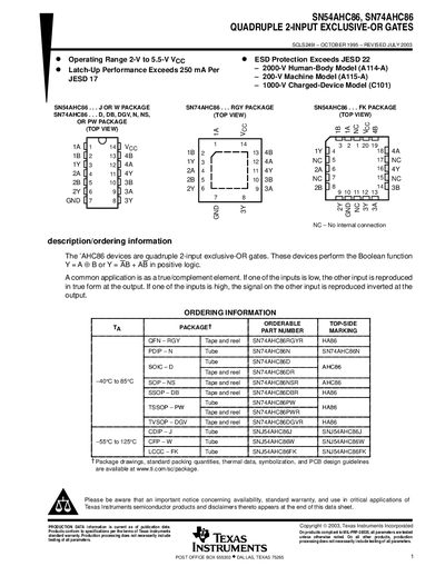 Texas Instruments SN54AHC86 SN74AHC86 Quadruple 2-Input Exclusive-OR Gates Datasheet - cover page
