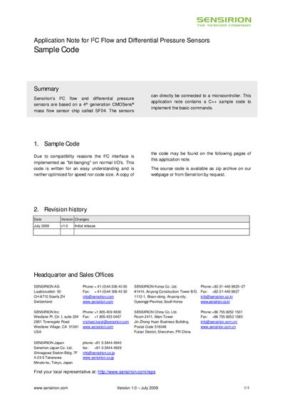 Sensirion SF04 I2C Flow and Differential Pressure Sensors Sample Code Application Note - cover page