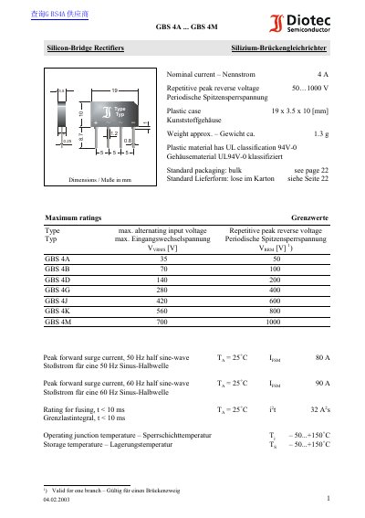 Diotec GBS Series Silicon-Bridge Rectifiers Datasheet - cover page